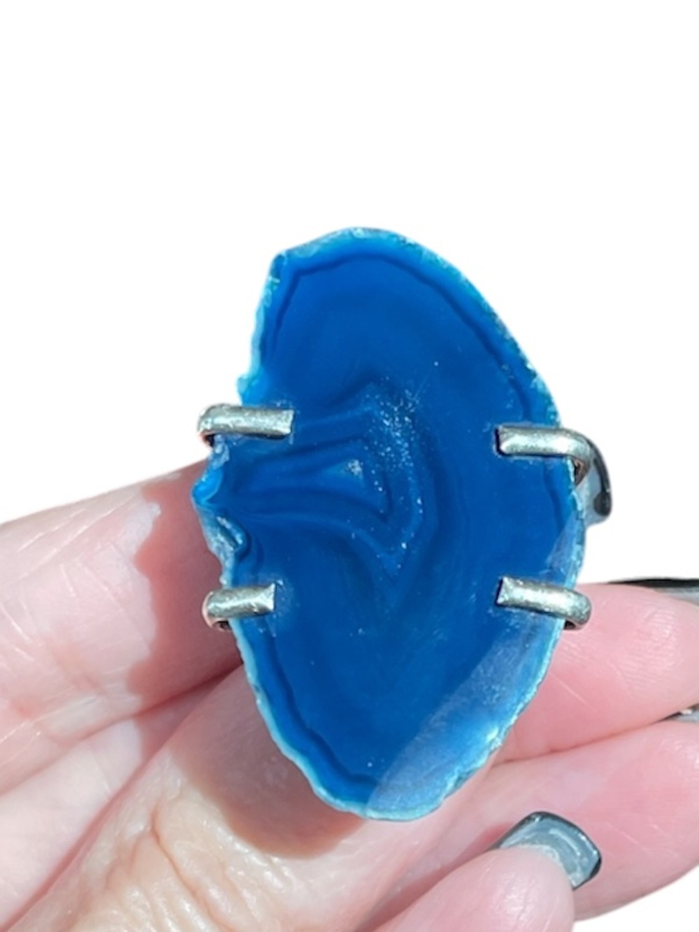 Vintage Sterling Silver Blue Agate Slice Statement Ring Adjustable Size 7.5